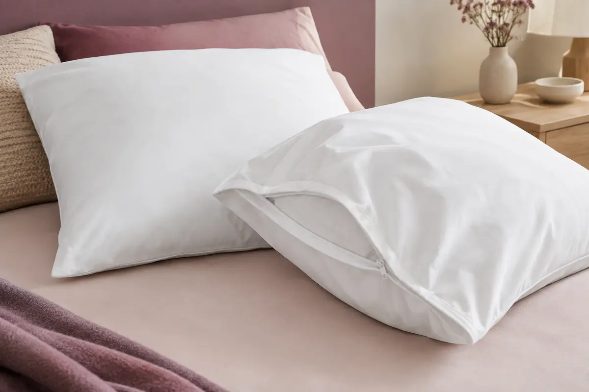 Deux protège-oreillers blancs zippés posés sur un lit dans une chambre aux tons doux.