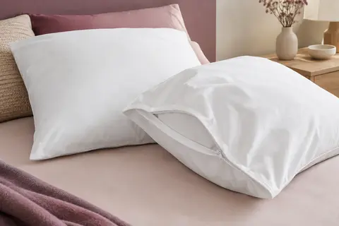Deux protège-oreillers blancs zippés posés sur un lit dans une chambre aux tons doux.
