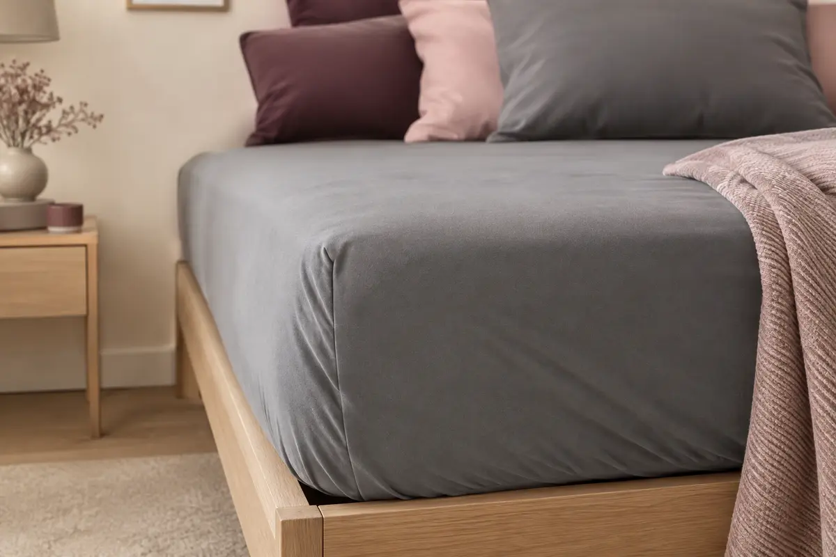Drap-housse gris uni en microfibre brossée ajusté sur un matelas, avec le tissu souple et le bord élastiqué visibles.
