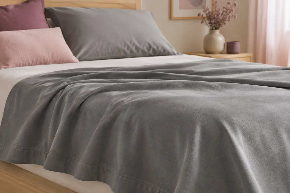 Drap plat gris en microfibre brossée posé sur un lit, avec un ourlet visible et des plis souples.
