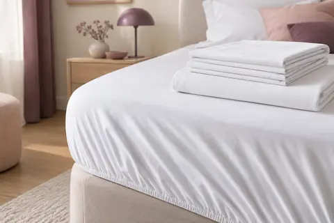 Drap-housse blanc en microfibre brossée posé sur un lit, avec son bord élastiqué et des draps pliés à côté.