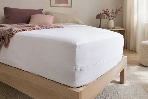 Housse blanche zippée enveloppant un matelas, avec un détail du tissu et de la fermeture.