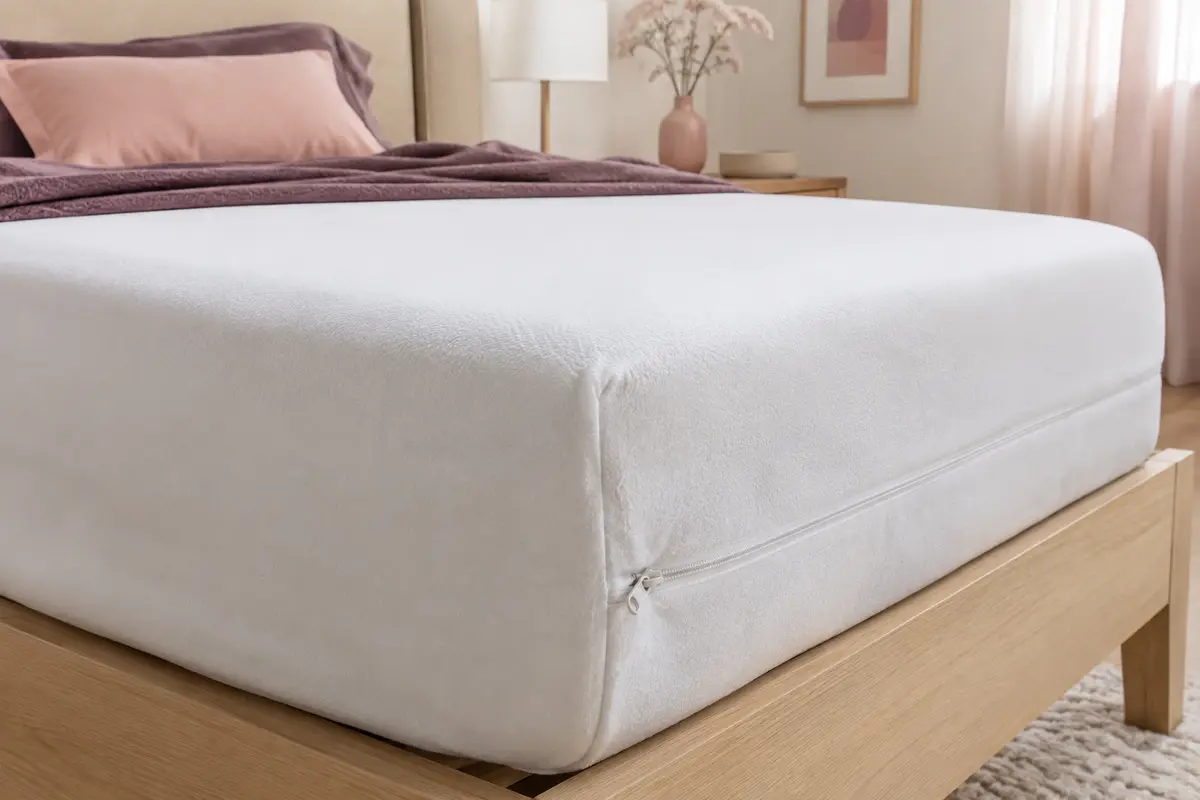 Housse intégrale blanche posée sur un matelas, avec sa fermeture éclair visible sur le côté.