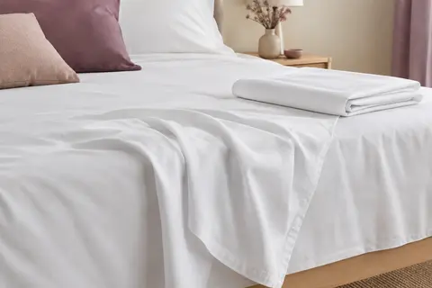 Drap plat blanc en microfibre brossée, posé sur un lit avec son ourlet et ses plis visibles