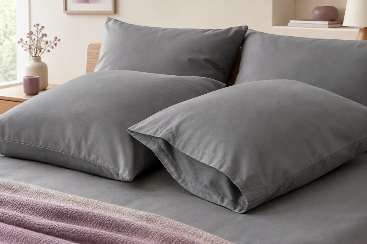 Quatre taies d’oreiller grises en microfibre brossée, posées sur un lit aux tons doux.