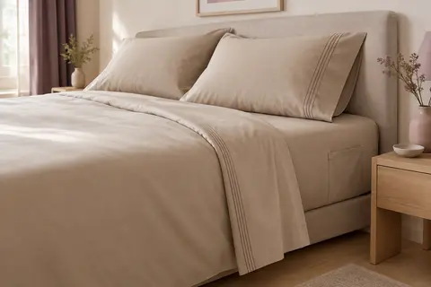 Parure beige en microfibre avec drap plat, drap-housse à poche latérale et deux taies brodées