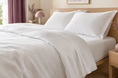 Parure de lit blanche en microfibre brossée posée sur un grand lit dans une chambre aux tons doux.