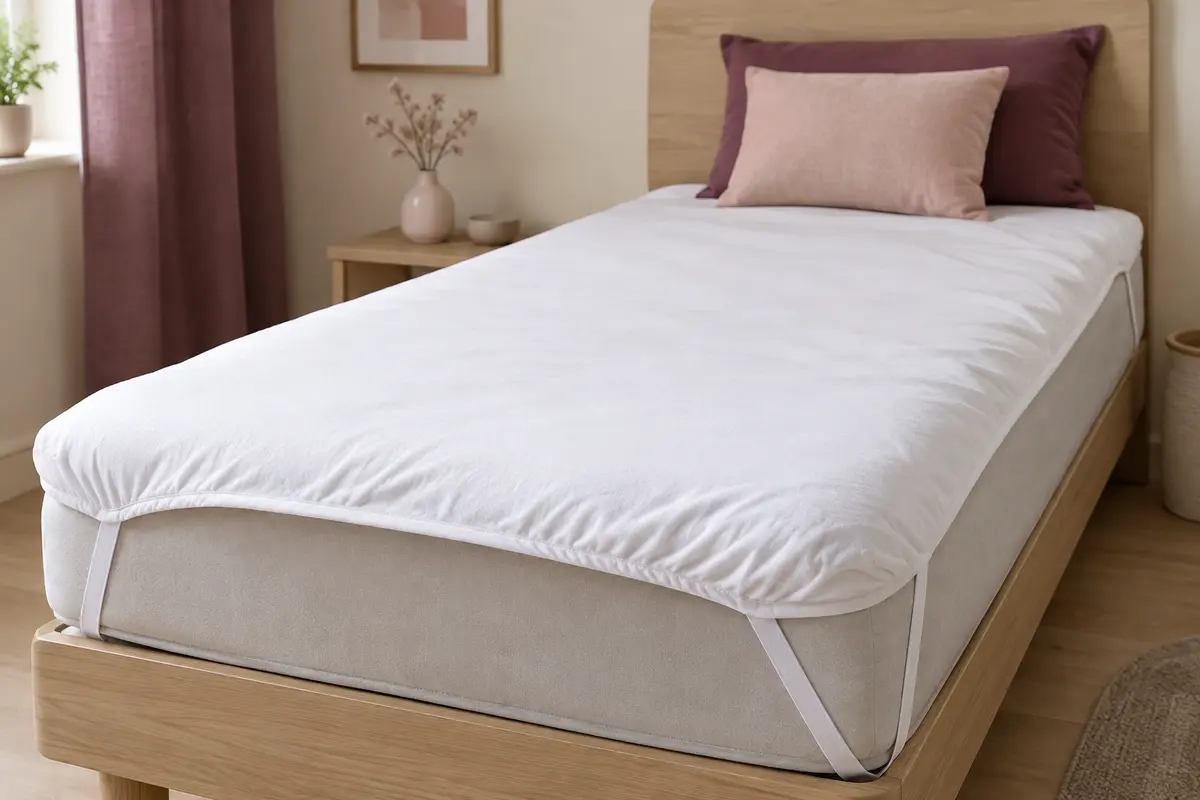 Protège-matelas blanc en polyester posé sur un matelas, avec ses quatre sangles élastiques aux coins