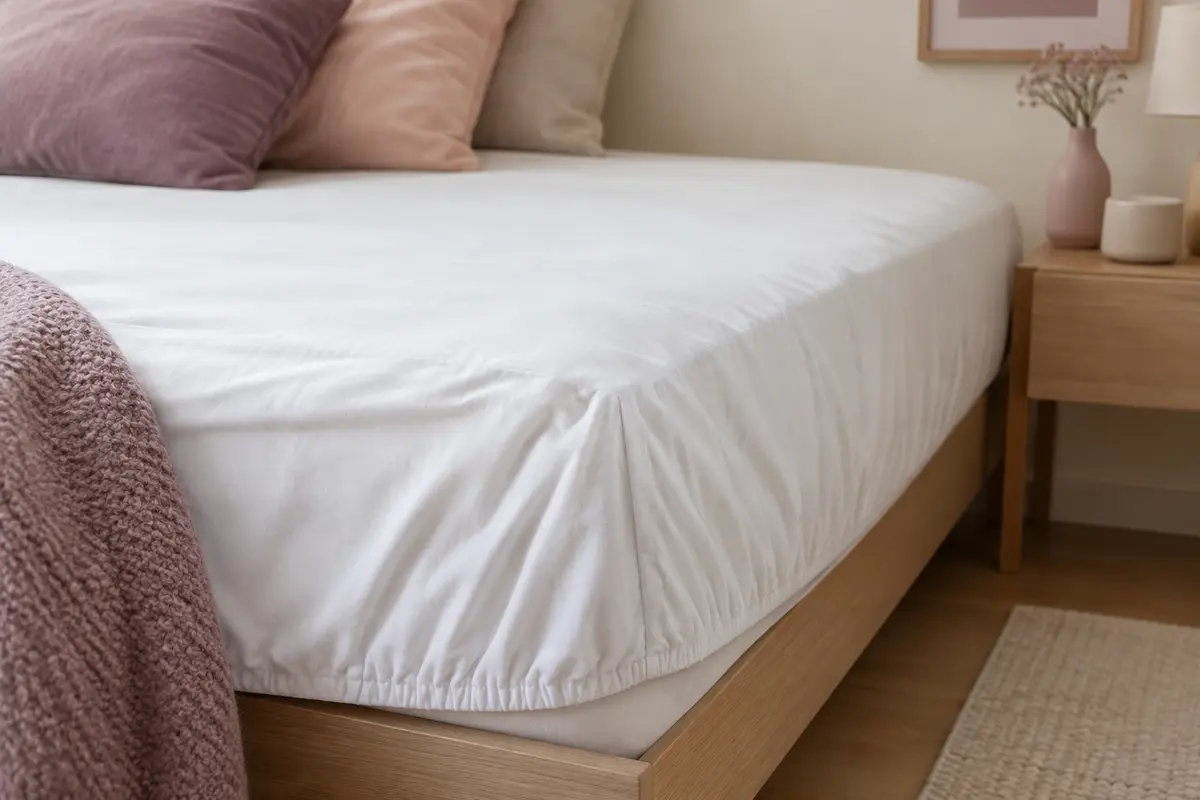 Protège-matelas blanc ajusté sur un lit, avec bord élastiqué visible et tissu lisse