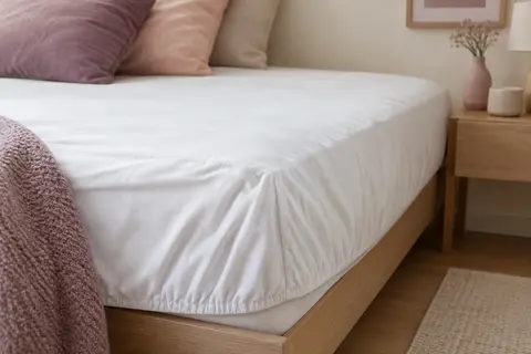 Protège-matelas blanc ajusté sur un lit, avec bord élastiqué visible et tissu lisse