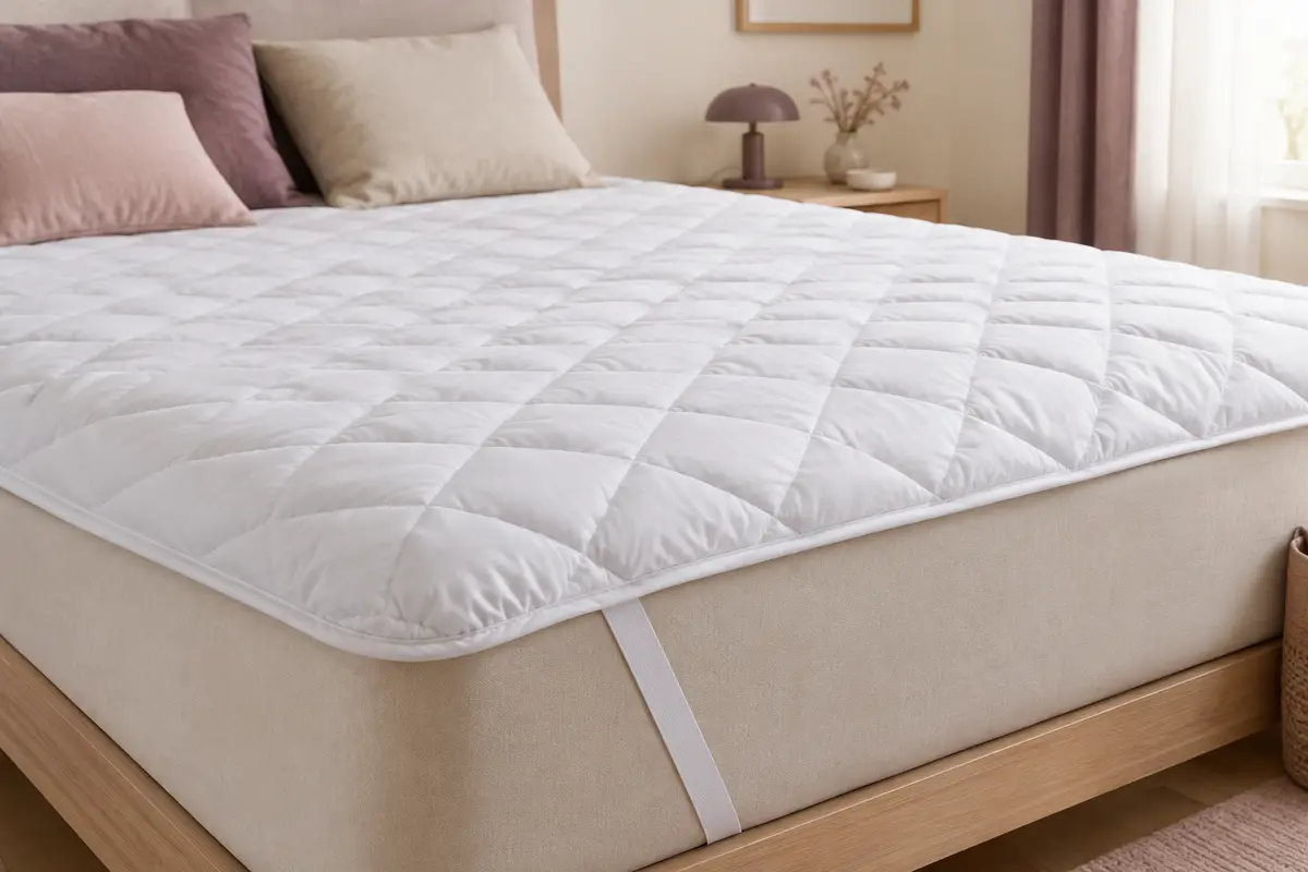 Protège-matelas blanc matelassé à motif diamant, posé sur un lit avec une sangle d’angle visible.