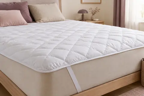 Protège-matelas blanc matelassé à motif diamant, posé sur un lit avec une sangle d’angle visible.