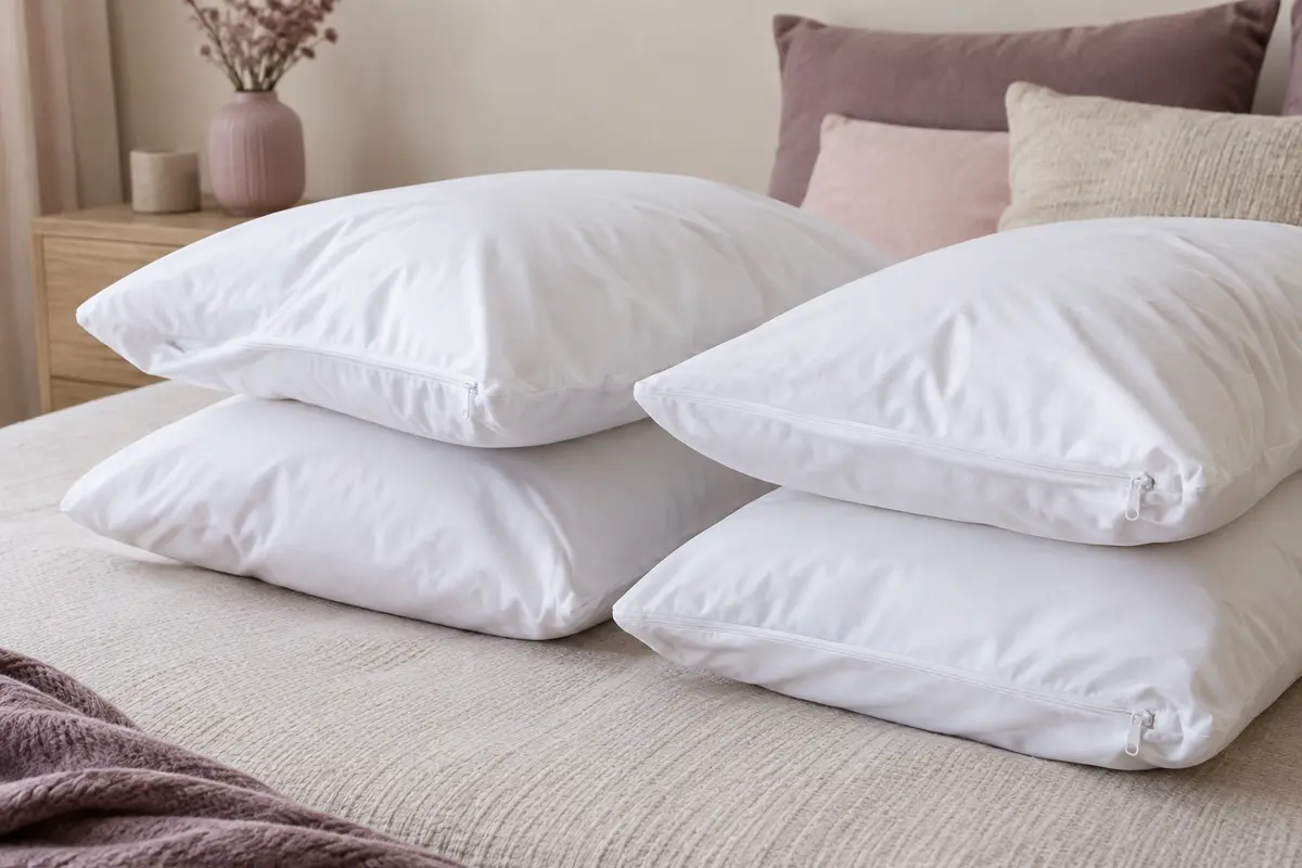 Protège-oreillers blancs en jersey de polyester, avec fermeture éclair, présentés sur un lit dans une chambre claire.