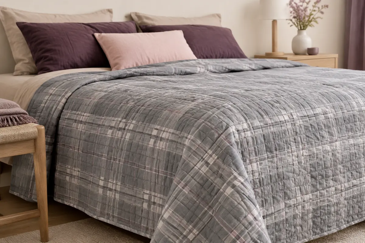 Boutis léger gris au motif tartan posé sur un lit double dans une chambre aux tons doux