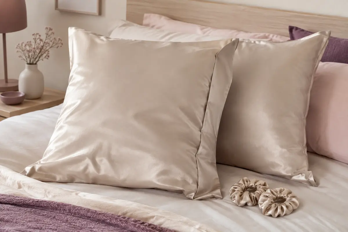 Deux taies d’oreiller carrées en satin beige clair accompagnées de deux chouchous en satin.