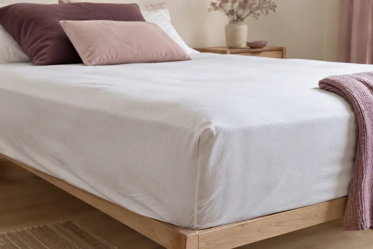 Drap-housse blanc uni en coton posé sur un matelas, avec ses coins élastiqués et son tissu légèrement plissé