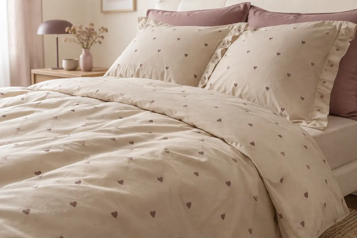 Parure de lit beige en coton à motif de cœurs, avec housse de couette et deux taies assorties.