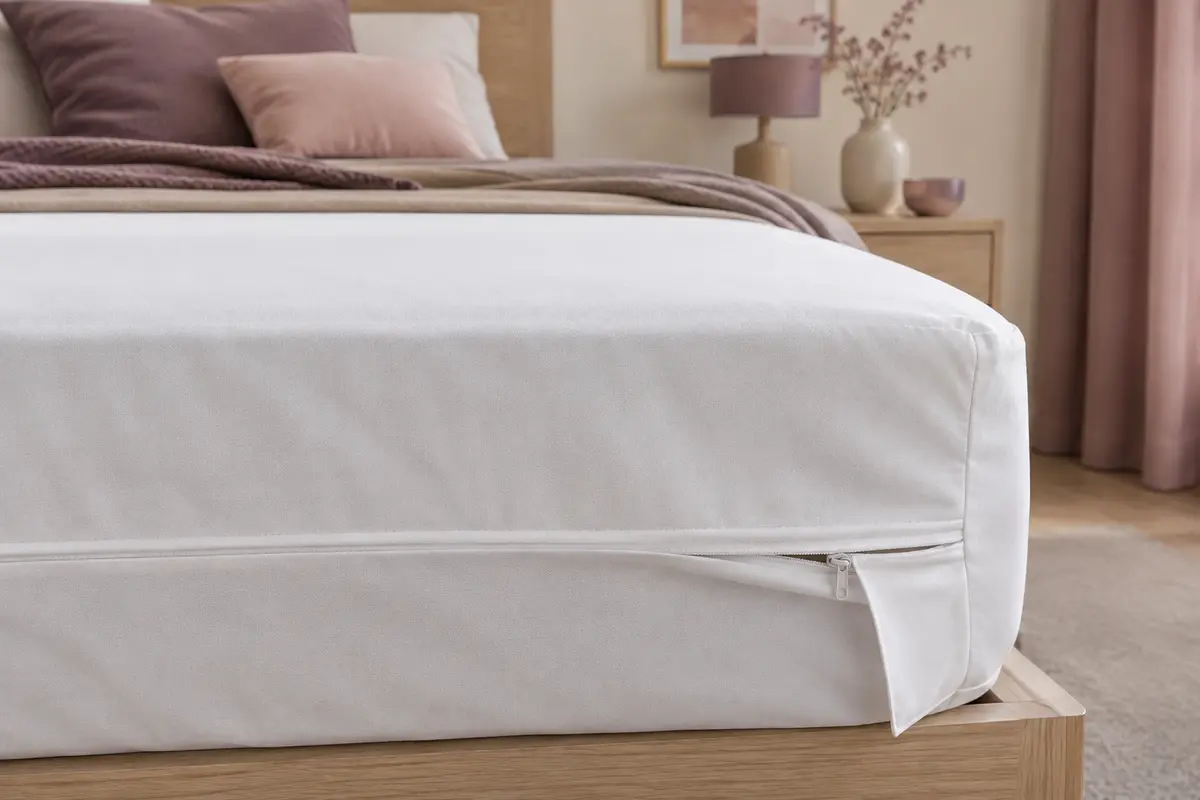 Housse intégrale blanche en polyester installée sur un matelas, avec un détail de la fermeture à glissière.