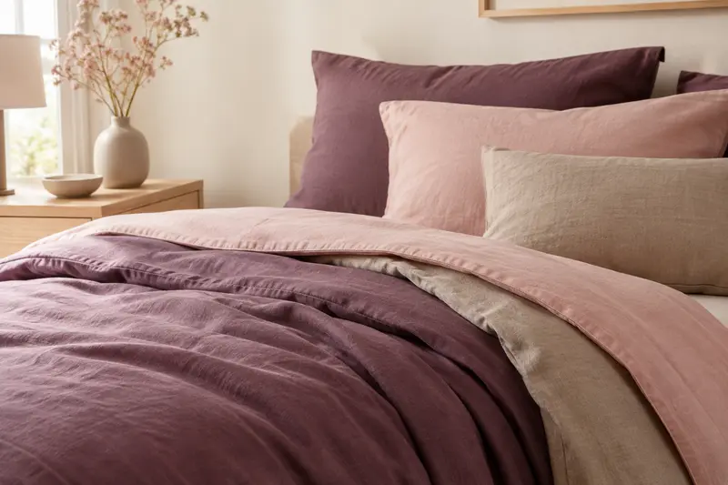 Détail de tissu et de coutures sur un linge de lit dans une chambre aux tons doux.